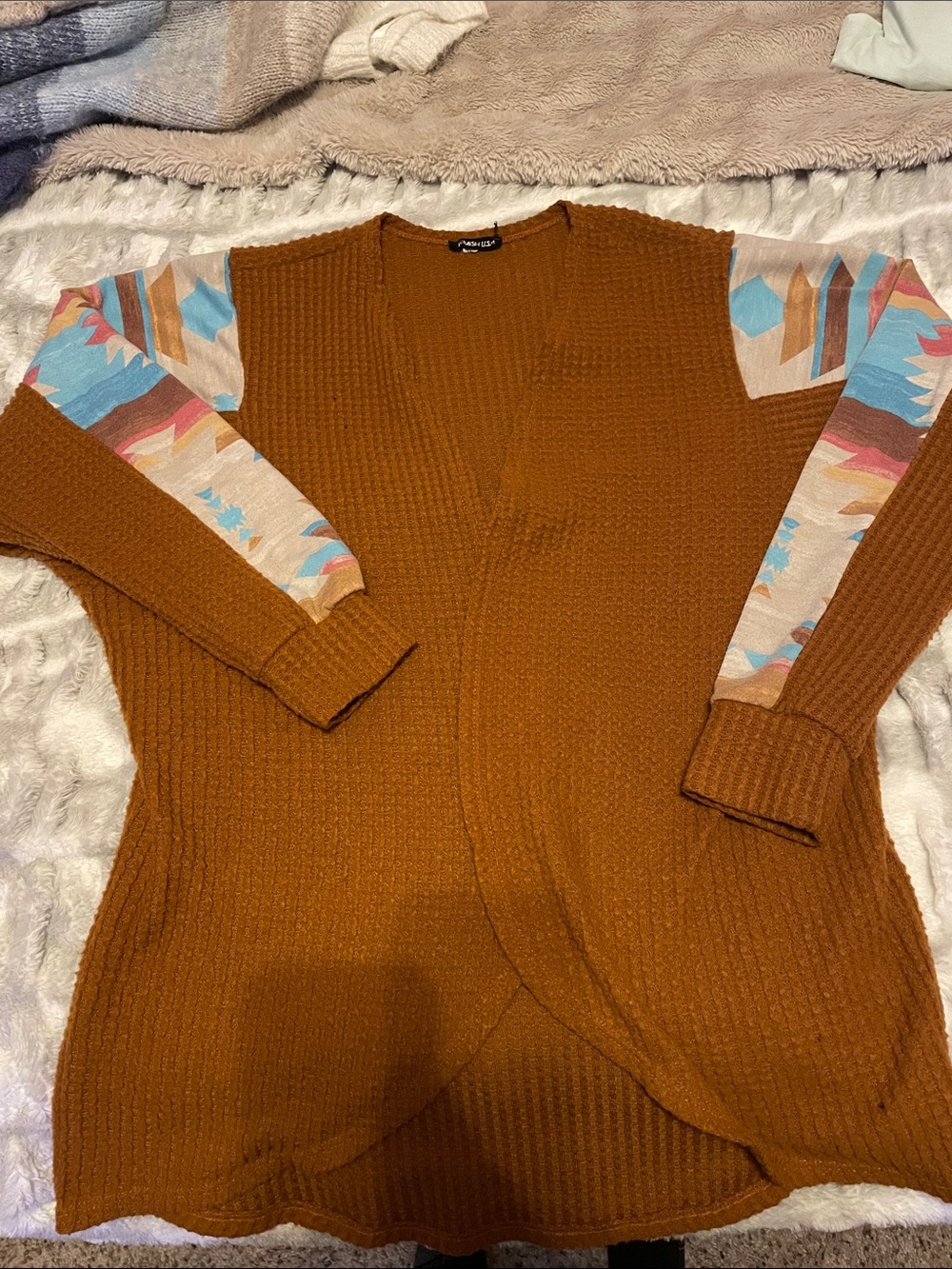 Rust Brown Cardigan Sweater with Patterned Sleeves